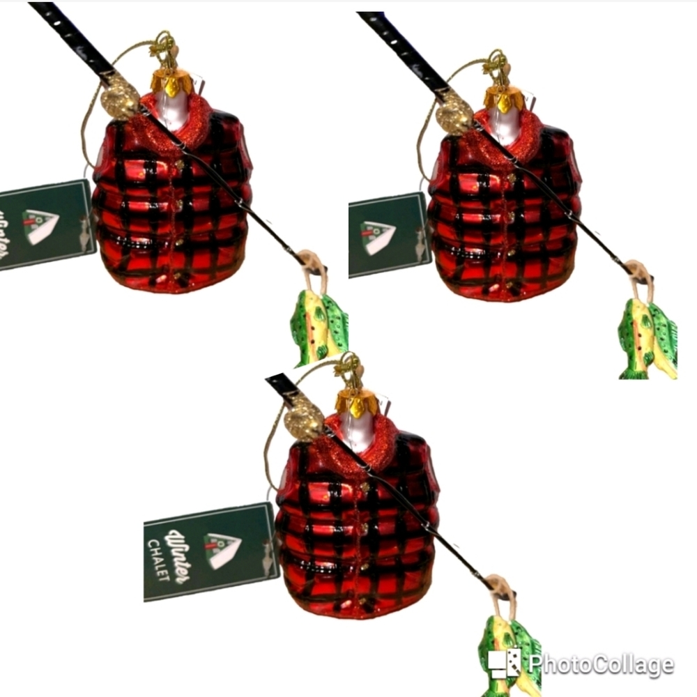 🎣 3 Glass Fisherman Christmas Ornaments- Vest Pole Fish🎣